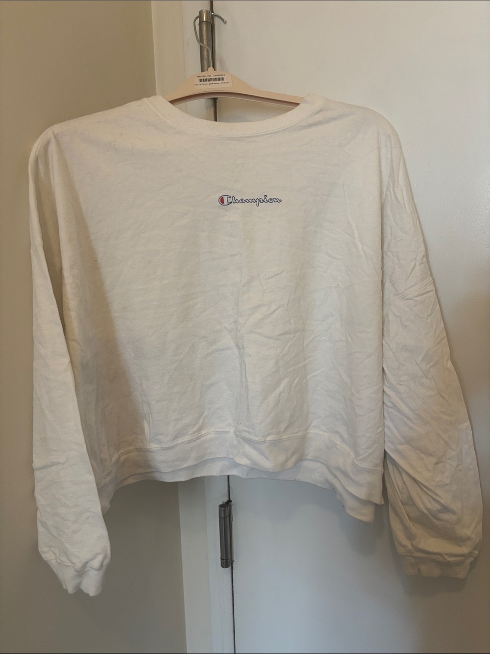 Champion White Cropped Crewneck Sweatshirt with Small Logo